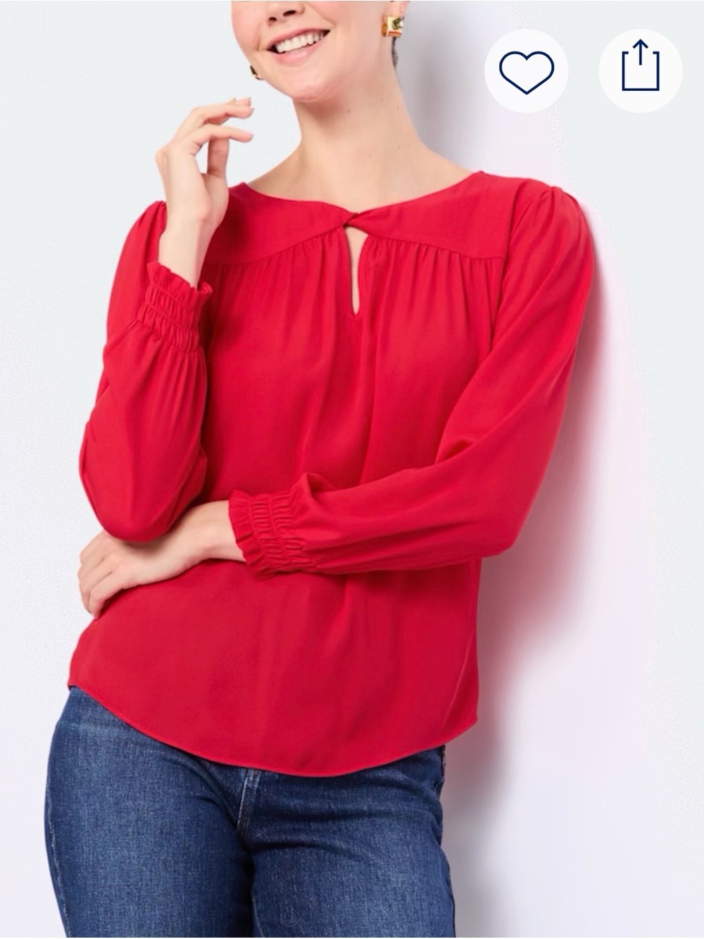 Women's Red Keyhole Long-Sleeve Blouse